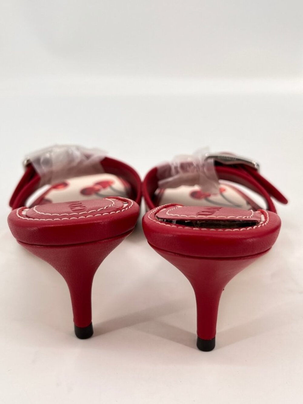 COACH Margot Sandal Red Cherry Print Leather Buckle Strap Kitten Size 6 - Picture 6 of 16